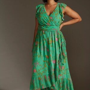 Anthropologie Ruffle Sleeve Floral Wrap Midi Dress